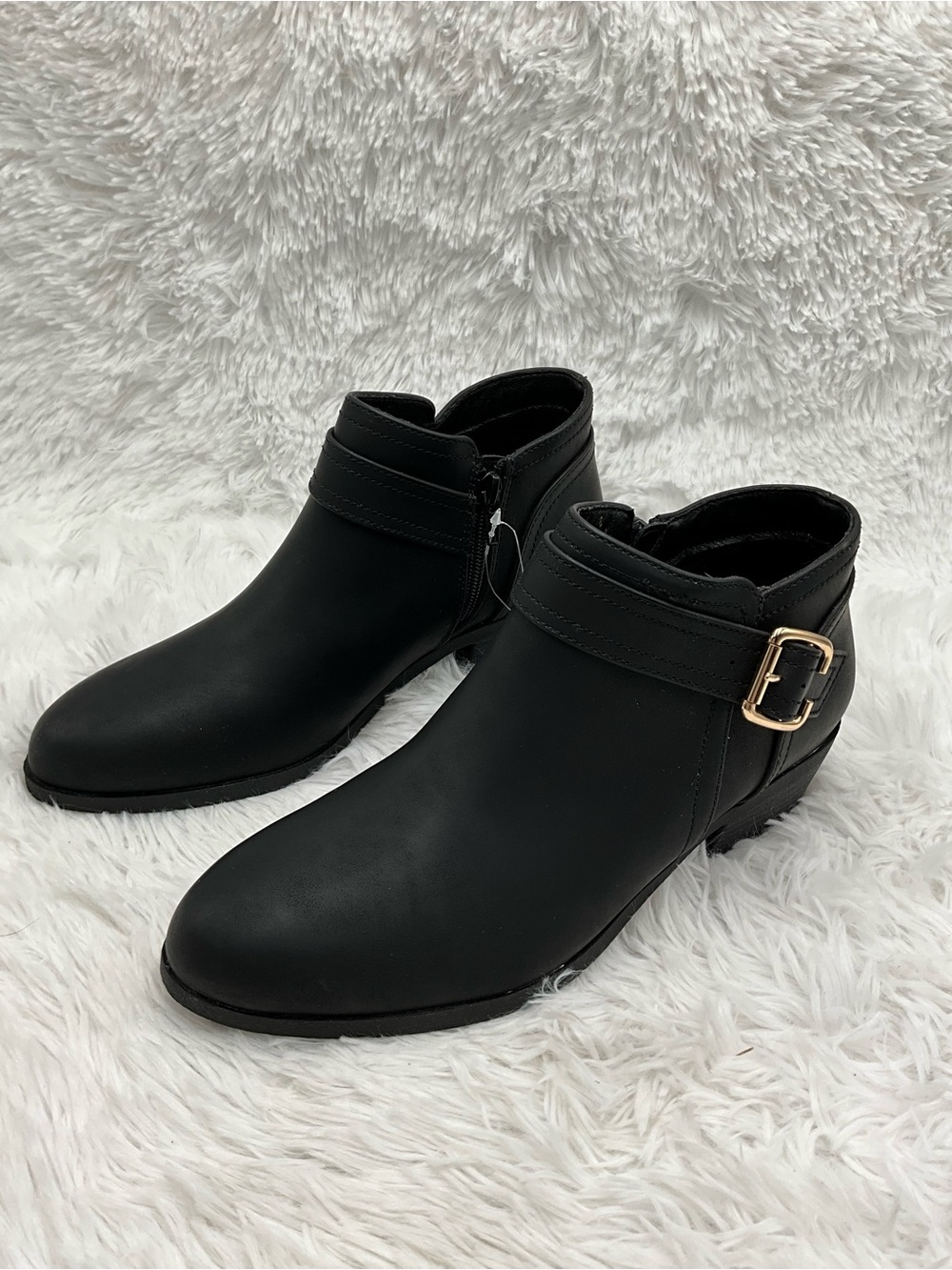 Athlefit Booties Size 8 Black Ankle Booties Gold Tone Buckle Accent Side Zip